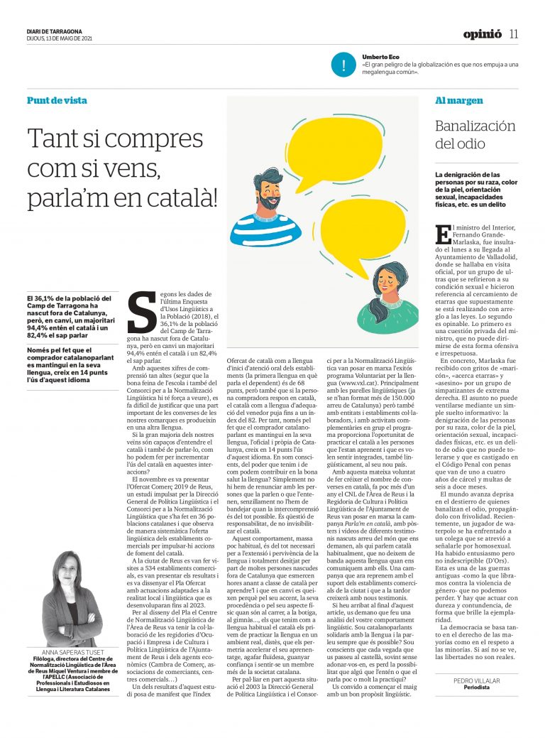 Article d’Anna Saperas Tuset: «Tant si compres com si vens, parla’m en català»