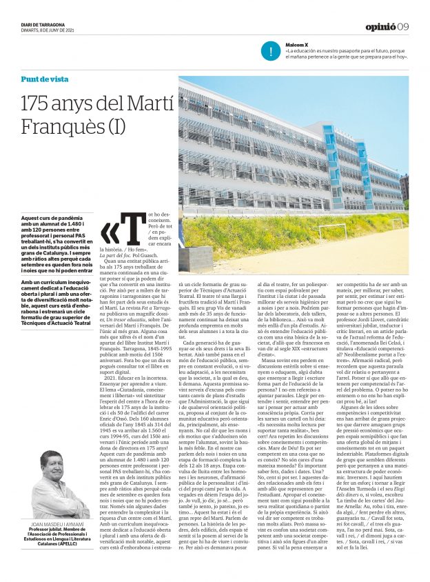 Article de Joan Masdeu i Aymamí: «175 anys del Martí Franquès»