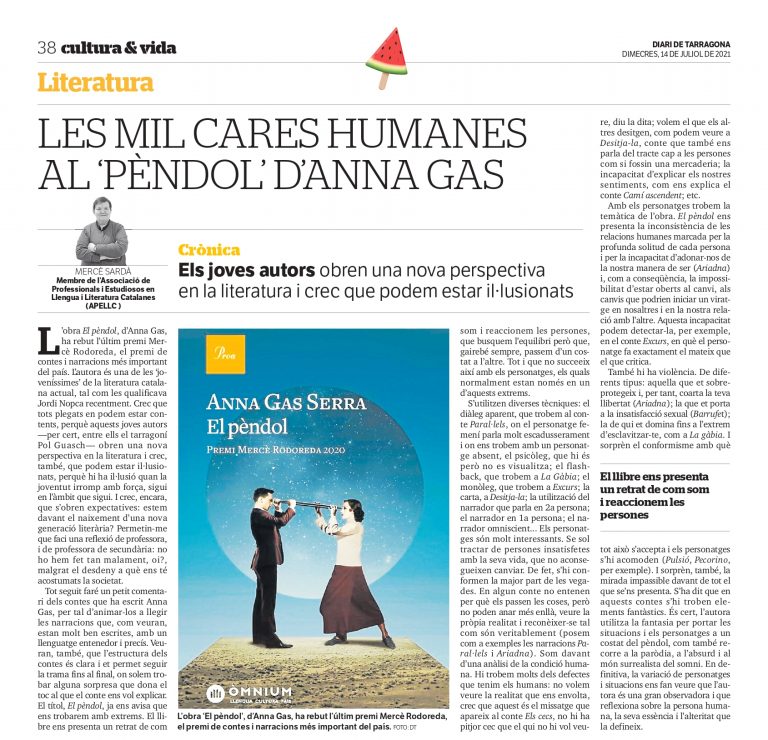 Article de M. Mercè Sardà i Pons: «Les mil cares humanes al ‘Pèndol’ d’Anna Gas»