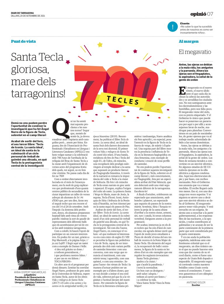 Article d’Anna Gispert Magarolas: «Santa Tecla gloriosa, mare dels tarragonins!»
