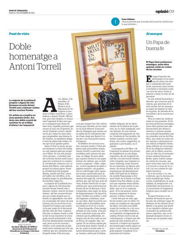Article de Magí Sunyer: «Doble homenatge a Antoni Torrell»
