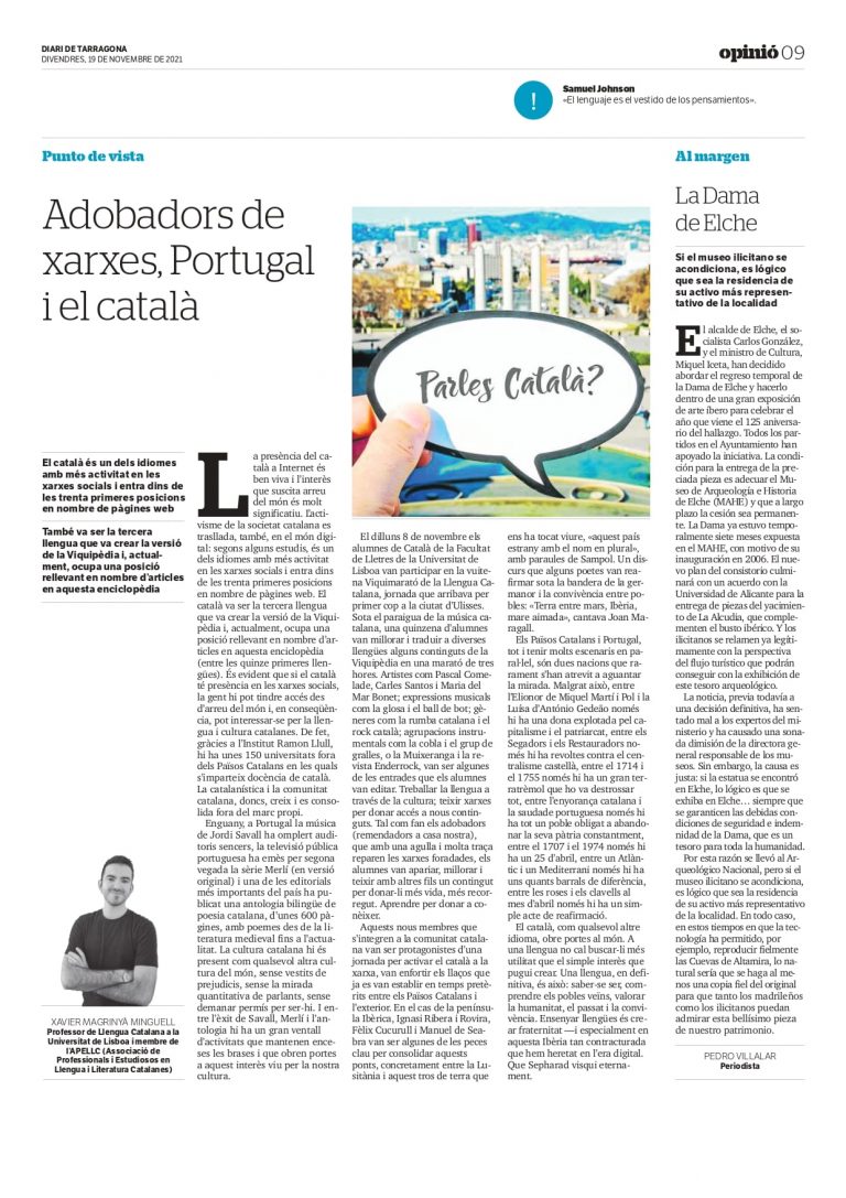 Article de Xavier Magrinyà: «Adobadors de xarxes, Portugal i el català»