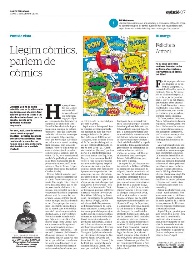 Article d’Emili Samper: «Llegim còmics, parlem de còmics»