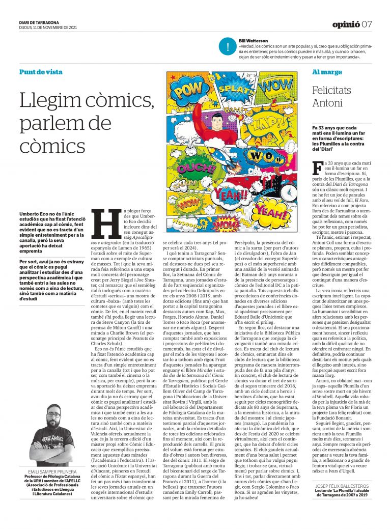 Article d’Emili Samper: «Llegim còmics, parlem de còmics»