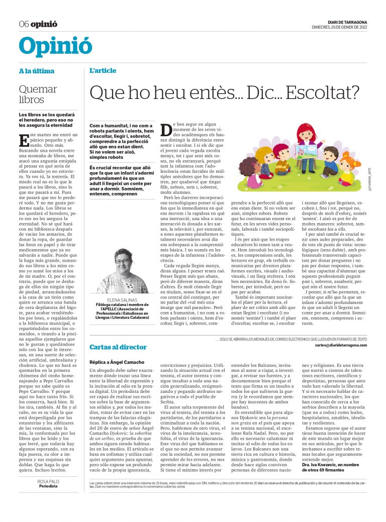 Article d’Elena Salinas: «Que no ho heu entès… Dic… Escoltat?»