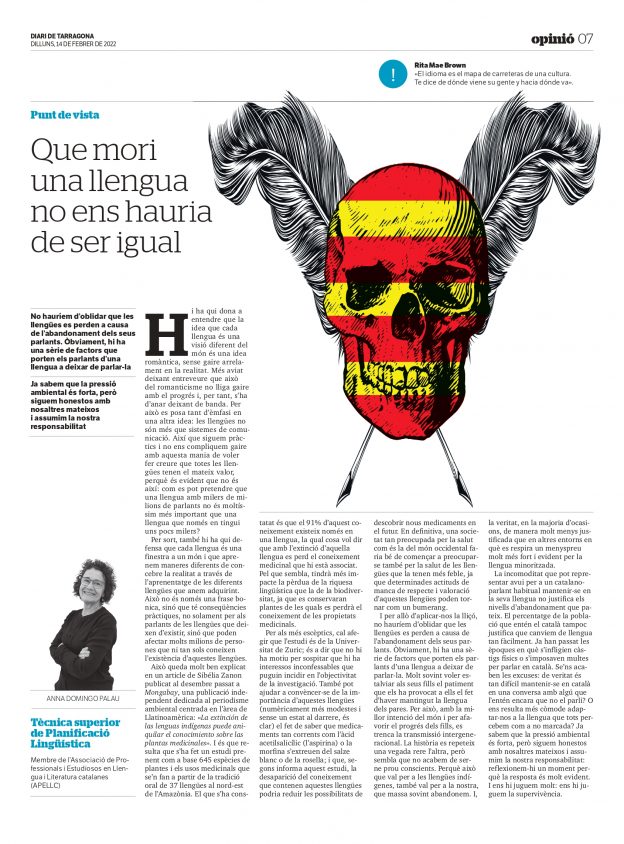 Article d’Anna Domingo: «Que mori una llengua no ens hauria de ser igual»