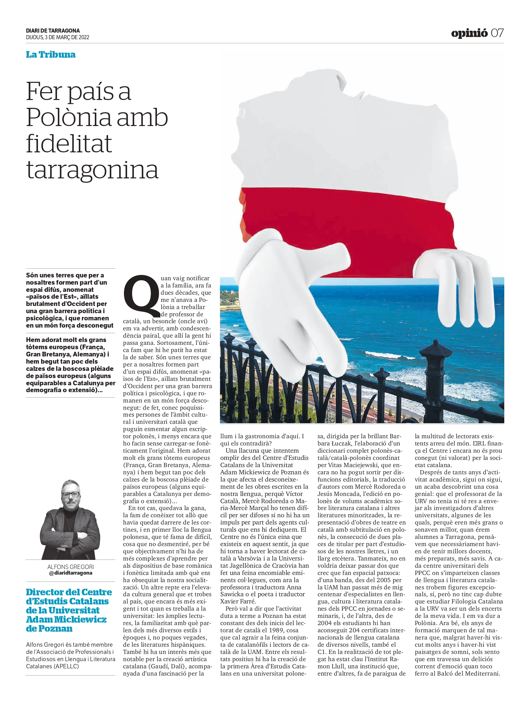 Article d’Alfons Gregori “Fes país a Polònia amb fidelitat tarragonina”.