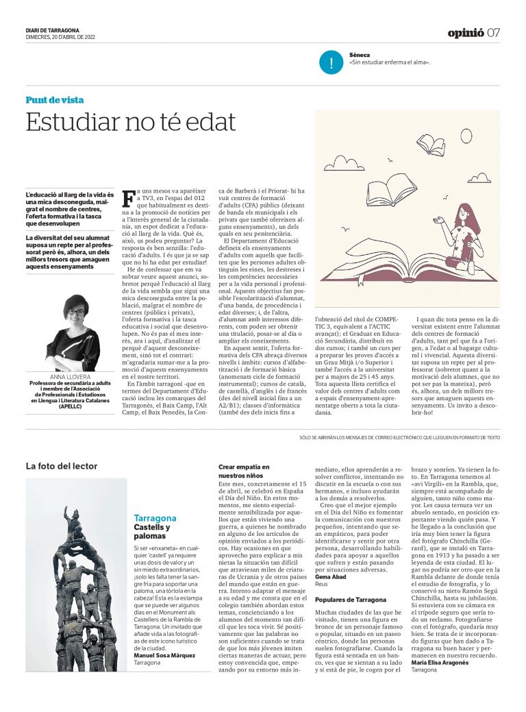 Article d’Anna Llovera: «Estudiar no te edat»