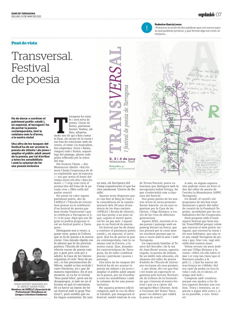 Article d’Anna Gispert i de la M. Mercè Sardà i Pons: «Transversal. Festival de poesia»