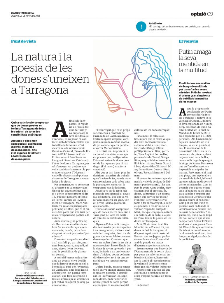 Article de Fina Tudó: «La natura i la poesia de les dones s’uneixen a Tarragona»