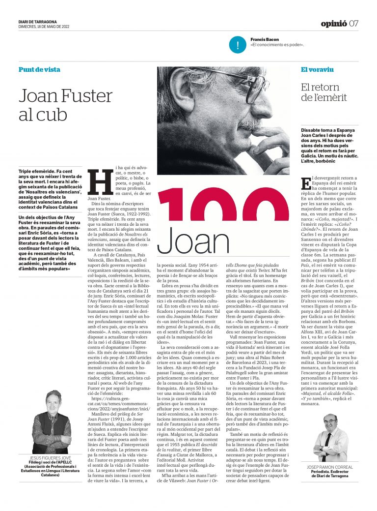 Article de Jesús Figueres Jové: «Joan Fuster al cub»