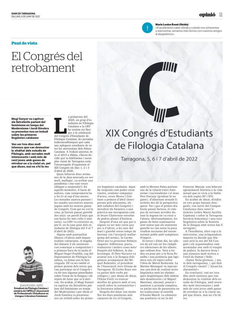 Article de Joan Rovira “El Congrés del retrobament”