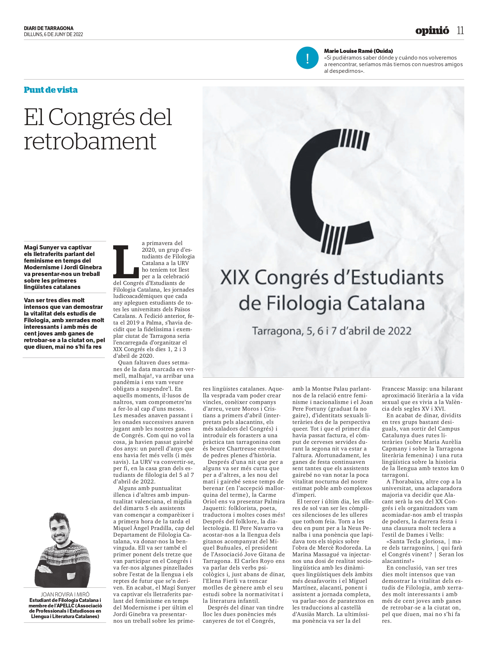 Article de Joan Rovira “El Congrés del retrobament”
