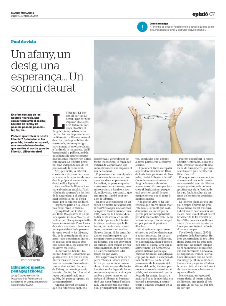 Article de Josep Cots i Pau: «Un afany, un desig, una esperança… Un somni daurat»