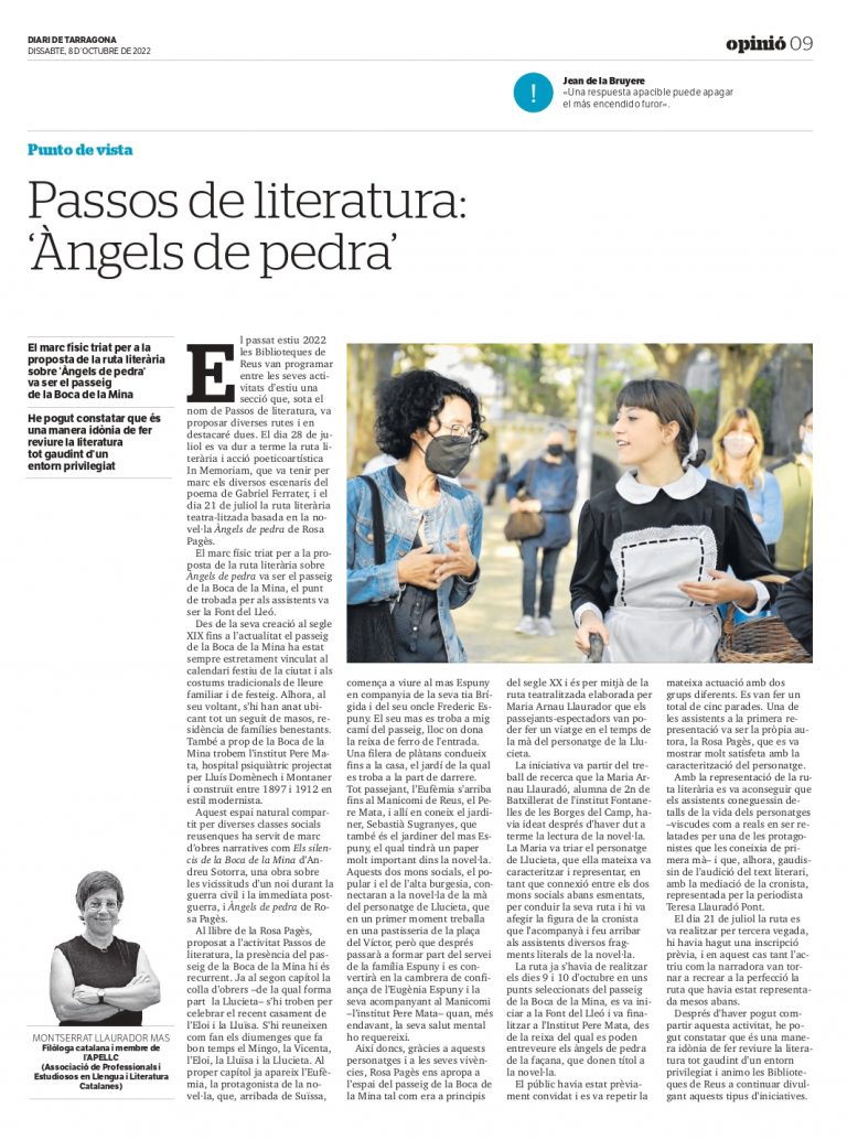 Article de Montse Llaurador “Passos de Literatura: Àngels de pedra”