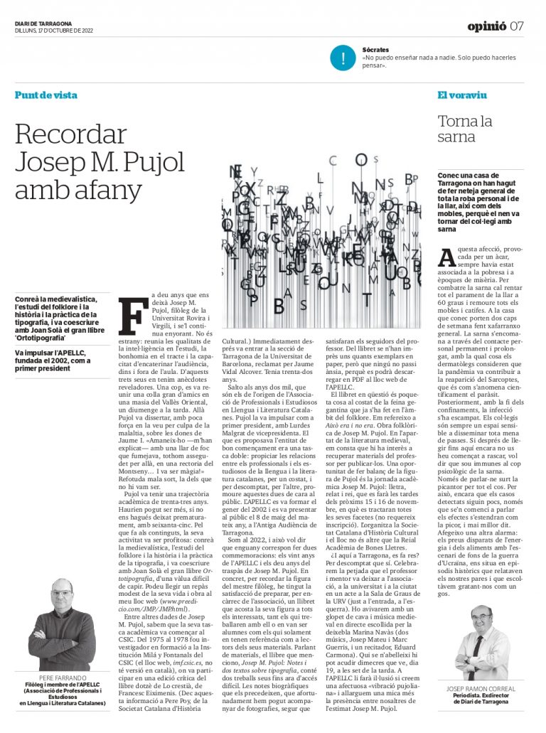 Article de Pere Ferrando “Recordar Josep M. Pujol amb afany”