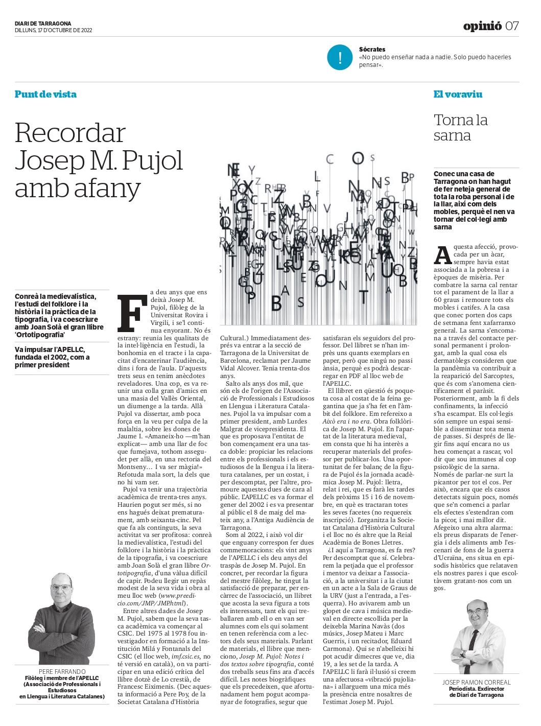 Article de Pere Ferrando “Recordar Josep M. Pujol amb afany”