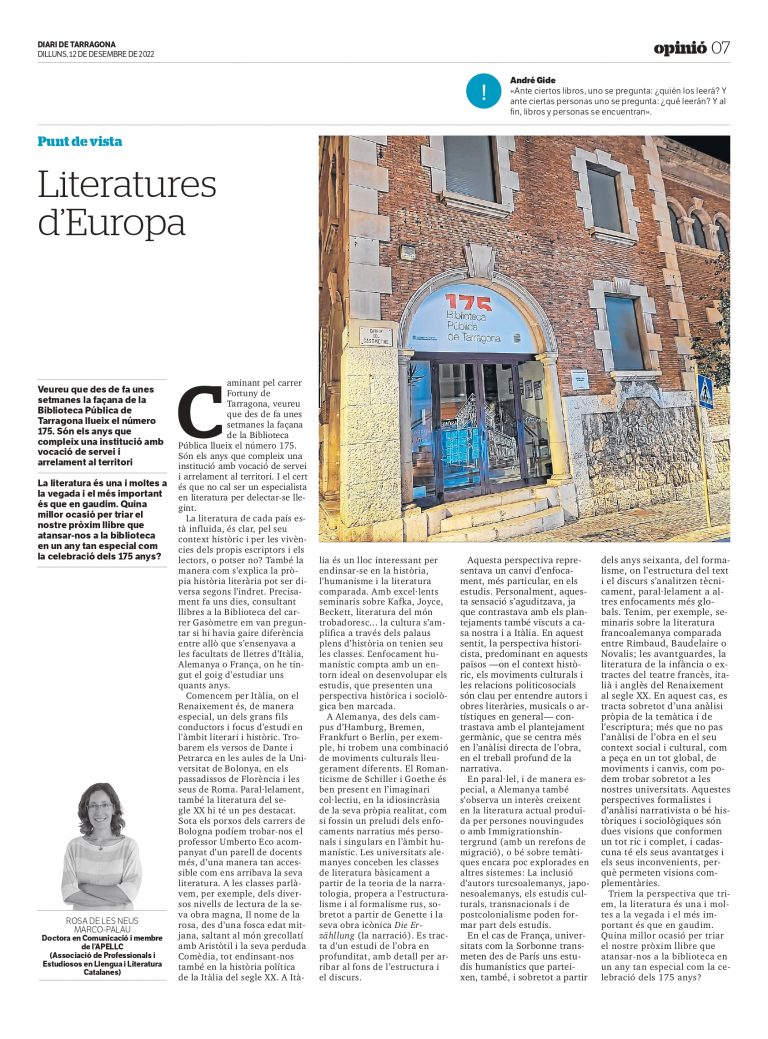 Article de Rosa de les Neus Marco-Palau “Literatures d’Europa”