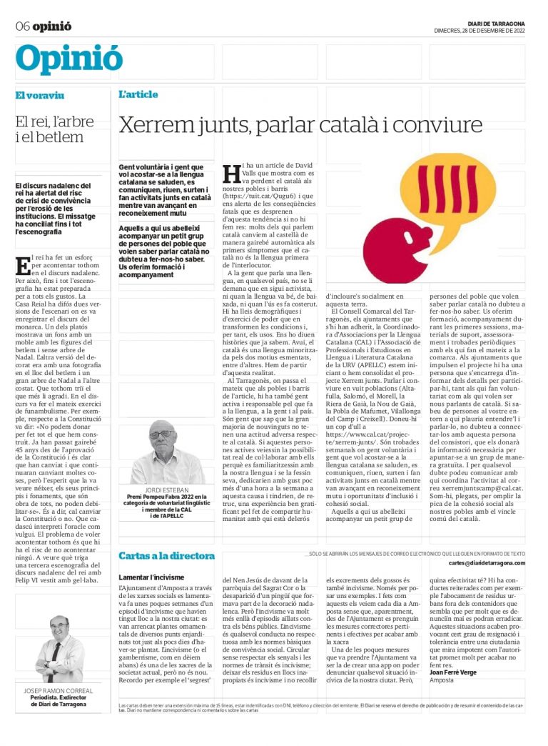 Article de Jordi Esteban “Xerrem junts, parlar català i conviure”