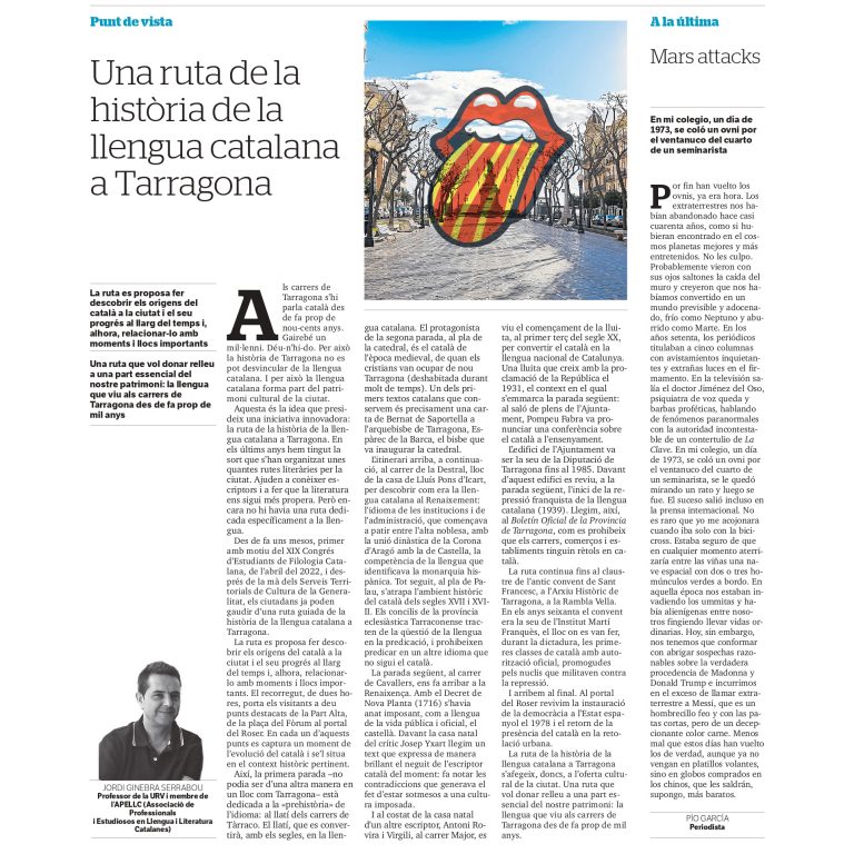 Article de Jordi Ginebra Serrabou “Una ruta de la història de la llengua catalana a Tarragona”