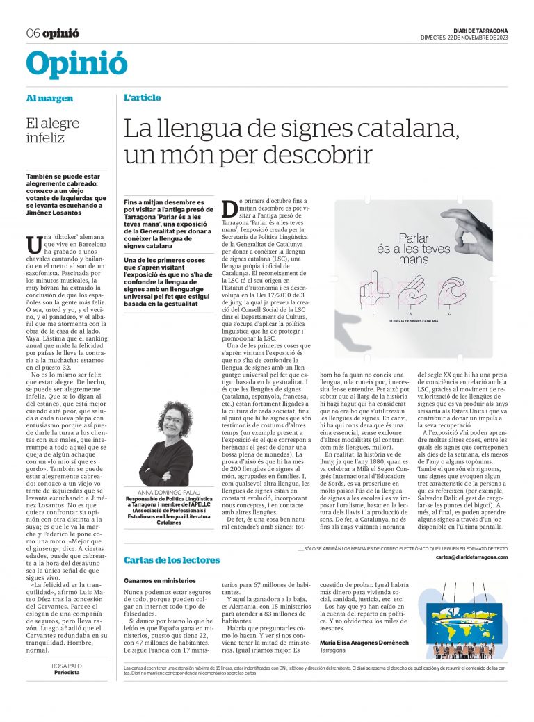 Article d’Anna Domingo Palau “La llengua de signes catalana, un món per descobrir”