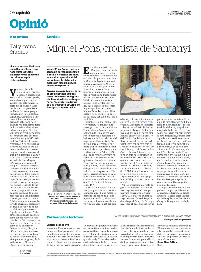 Article “Miquel Pons, cronista de Santanyí” de Rosa de les Neus Marco-Palau