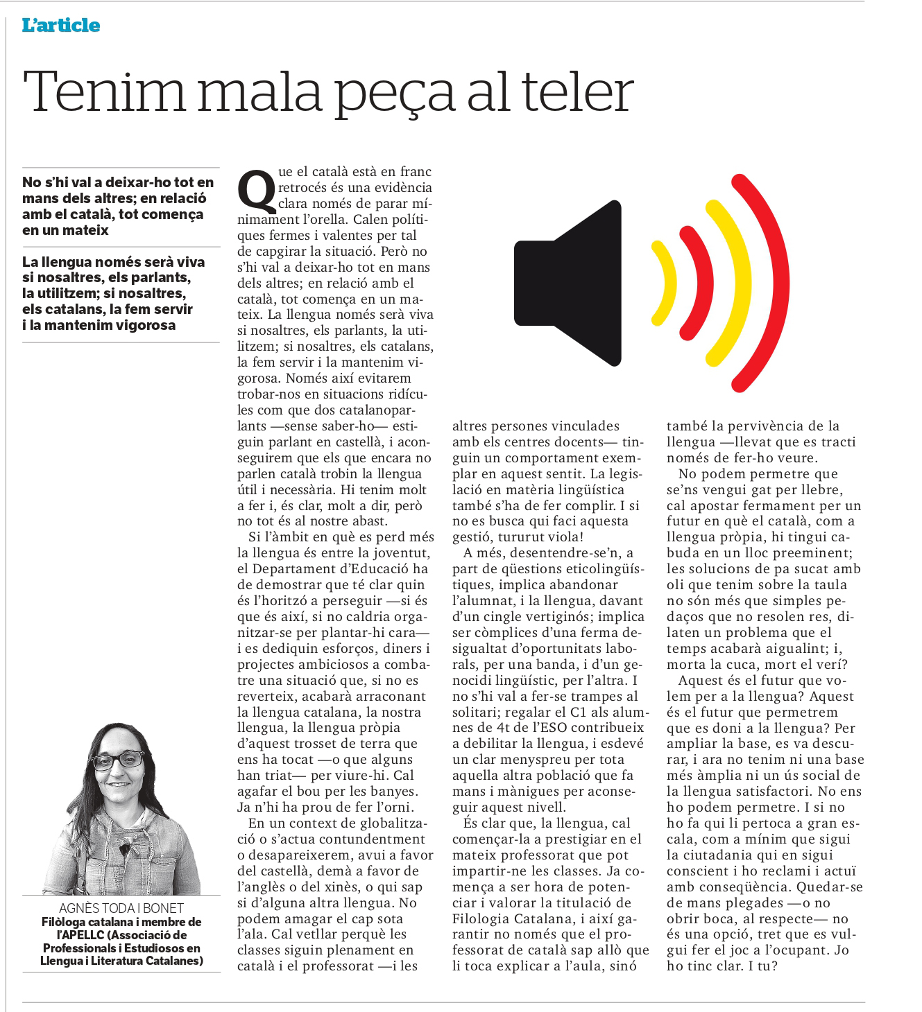 Article “Tenim mala peça al teler” d’Agnés Toda i Bonet