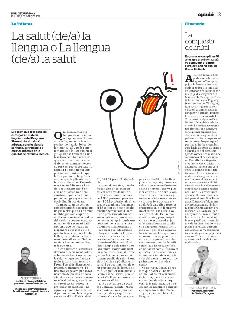 Article “La salut (de/a) la llengua o La llengua (de/a) la salut” d’Albert Ventura