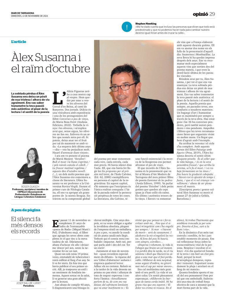 Article “Àlex Susanna i el raïm d’octubre” de Roser Guasch