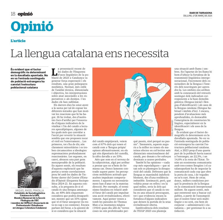 Article “La llengua catalana ens necessita” de Miquel Àngel Pradilla
