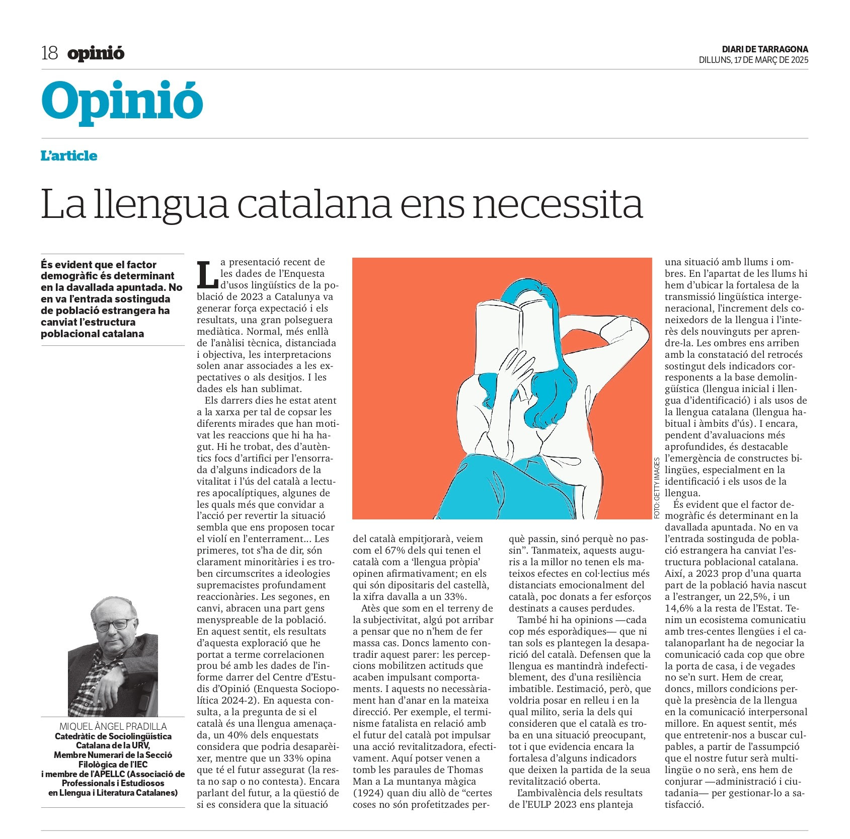 Article “La llengua catalana ens necessita” de Miquel Àngel Pradilla