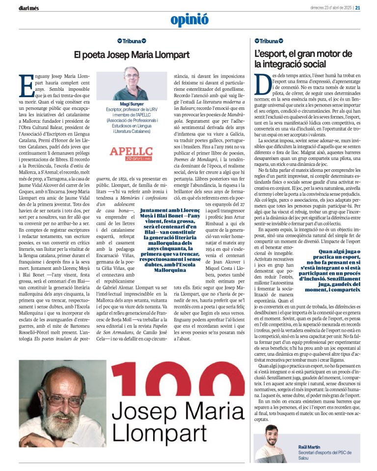 Article “El poeta Josep Maria Llompart” de Magí Sunyé