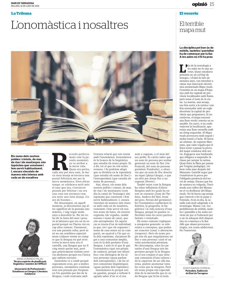 Article “L’onomàstica i nosaltres” d’Anna Domingo Palau