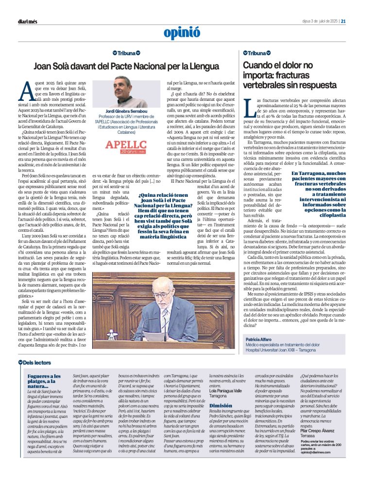 Article “Joan Solà davant del Pacte Nacional per la Llengua” de Jordi Ginebra Serrabou