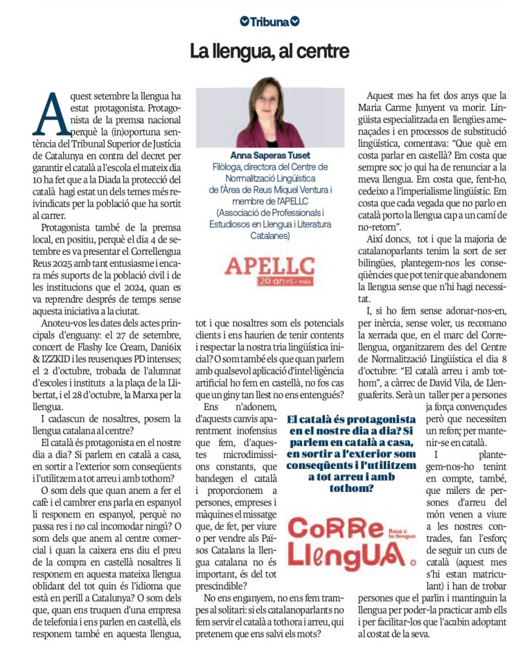 Article “La llengua, al centre” d’Anna Saperas Tuset