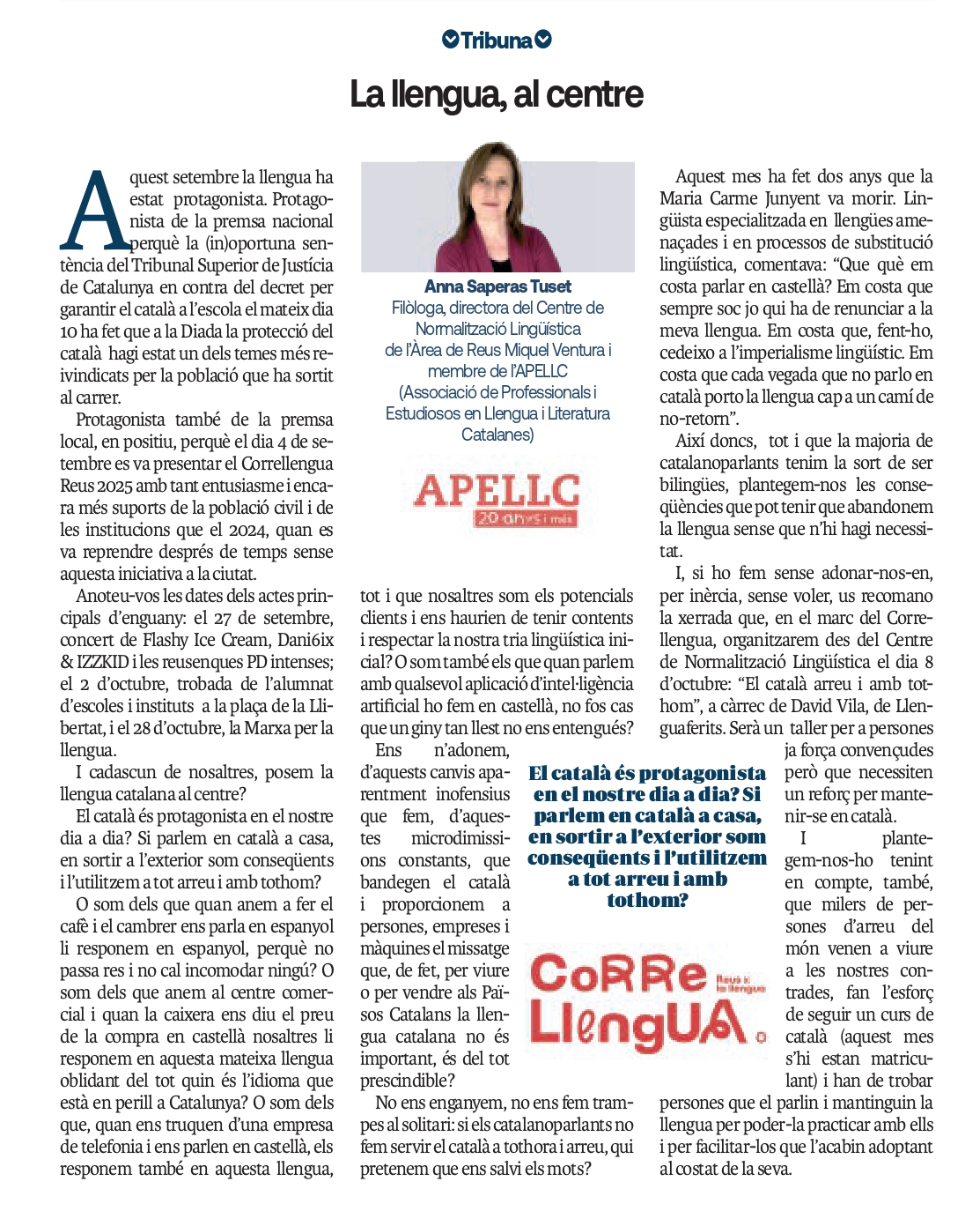 Article “La llengua, al centre” d’Anna Saperas Tuset