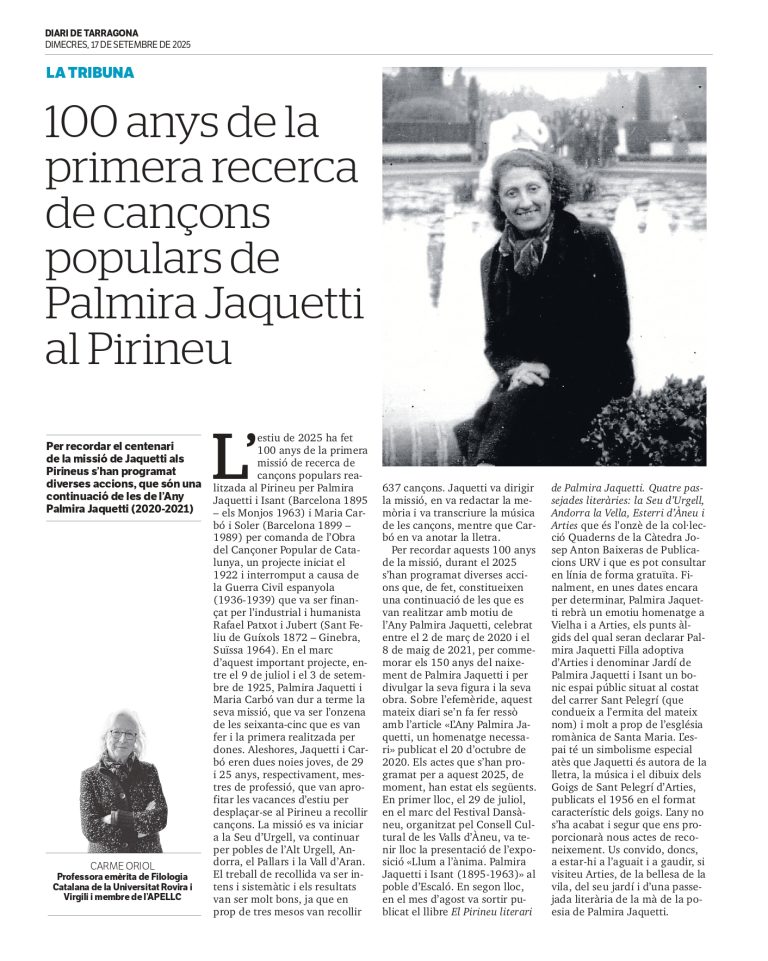 Article “100 anys de la primera recerca de cançons populars de Palmira Jaquetti al Pirineu” de Carme Oriol