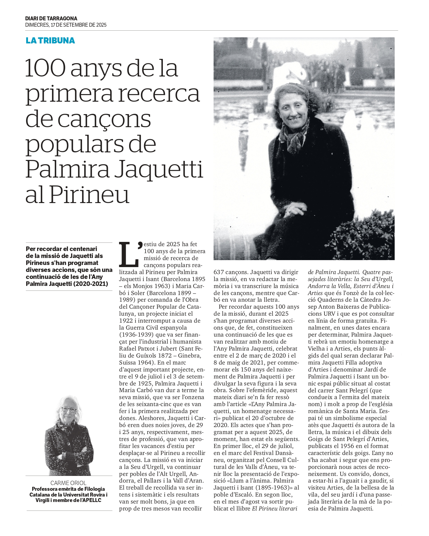 Article “100 anys de la primera recerca de cançons populars de Palmira Jaquetti al Pirineu” de Carme Oriol