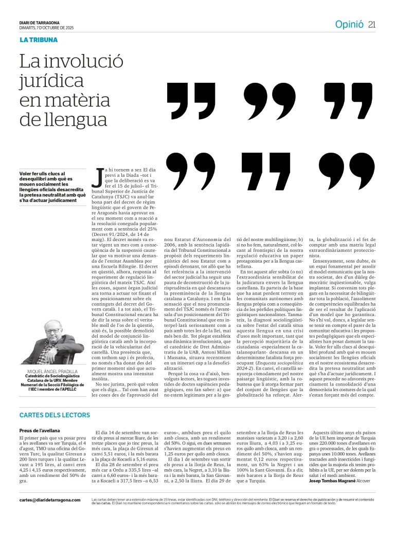 Article “La involució jurídica en matèria de llengua” de Miquel Àngel Pradilla