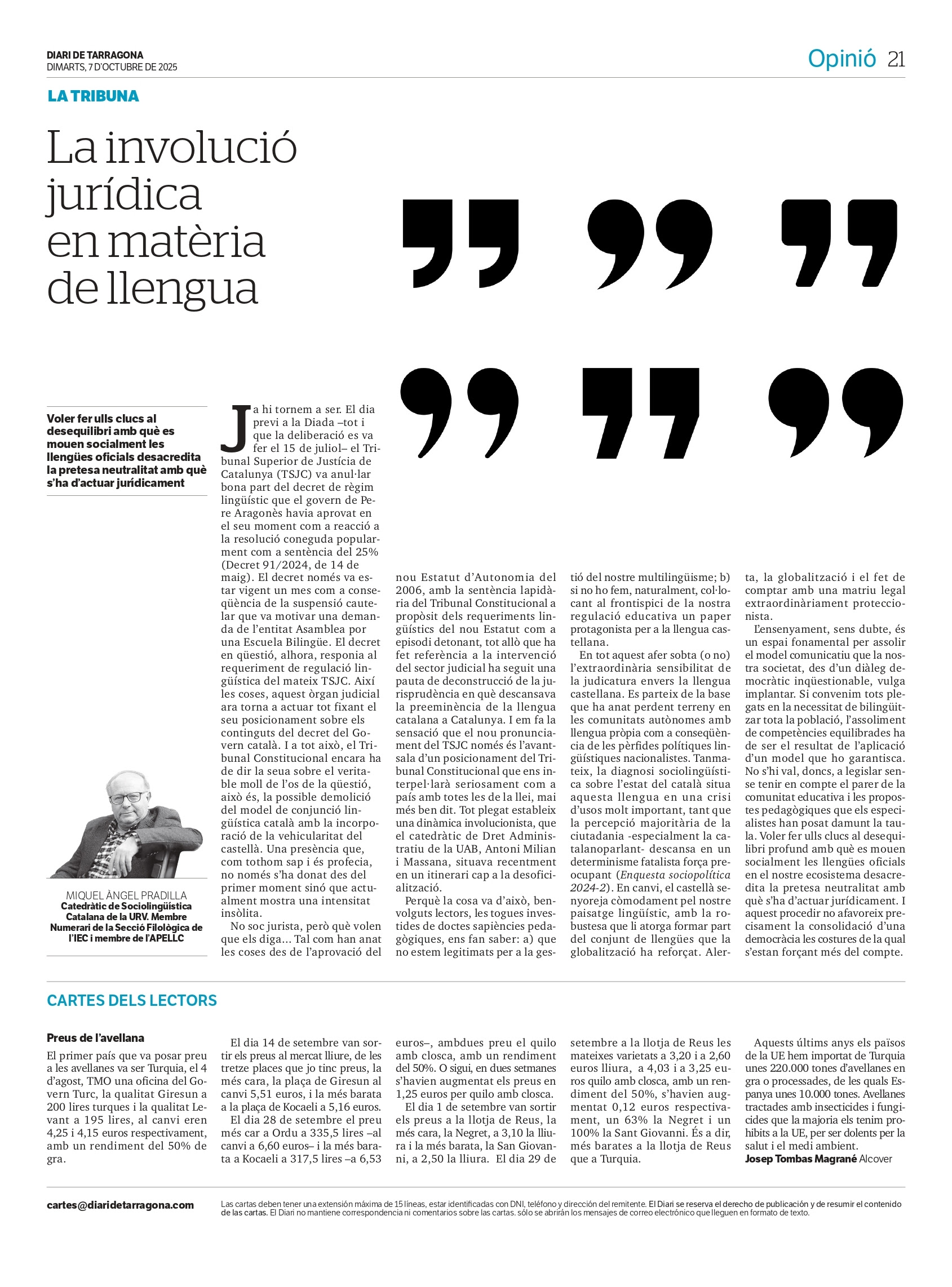 Article “La involució jurídica en matèria de llengua” de Miquel Àngel Pradilla