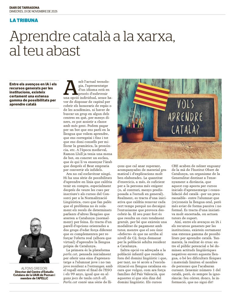 Article “Aprendre català a la xarxa, al teu abast” d’Alfons Gregori