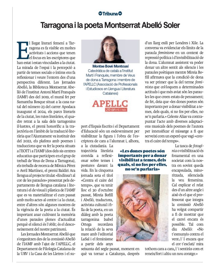 Article “Tarragona i la poeta Montserrat Abelló Soler” de Montse Bové Montcusí