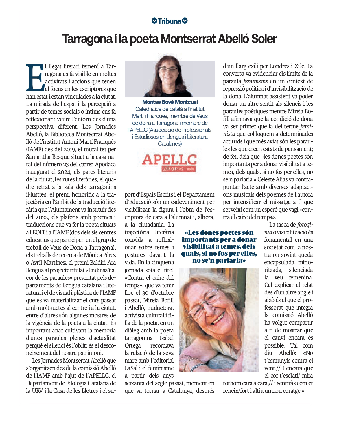 Article “Tarragona i la poeta Montserrat Abelló Soler” de Montse Bové Montcusí