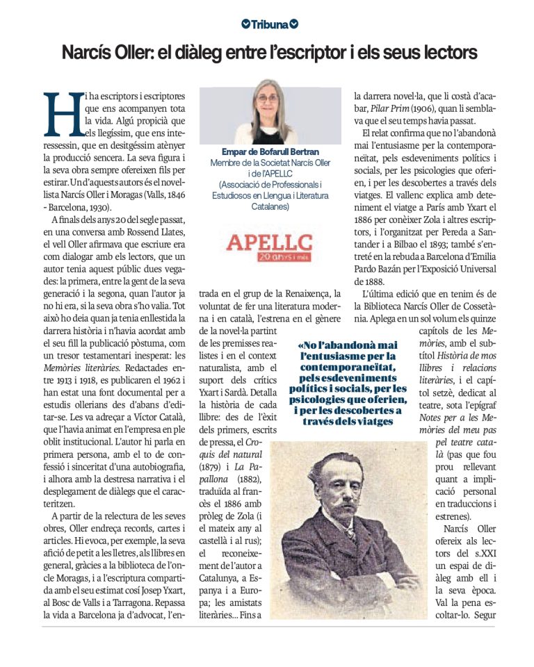 Article “Narcís Oller: el diàleg entre l’escriptor i els seus lectors” d’Empar de Bofarull Bertran