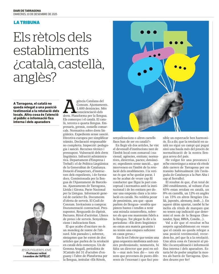 Article “Els rètols dels establiments ¿català, castellà, anglès?