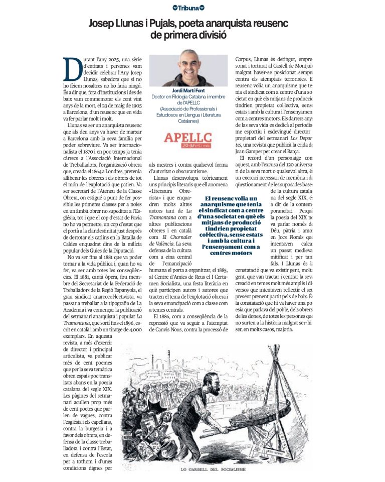 Article “Josep Llunas i Pujals, poeta anarquista reusenc de primera divisió” de Jordi Martí Font