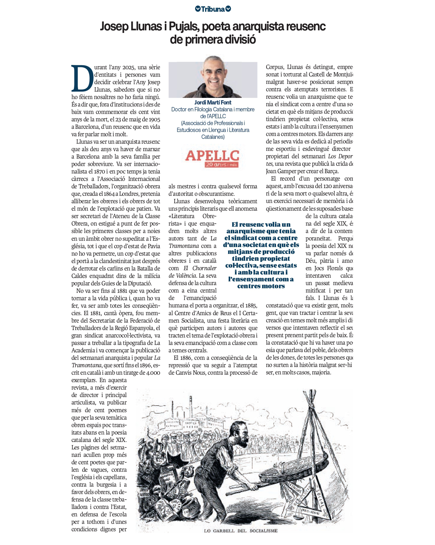 Article “Josep Llunas i Pujals, poeta anarquista reusenc de primera divisió” de Jordi Martí Font
