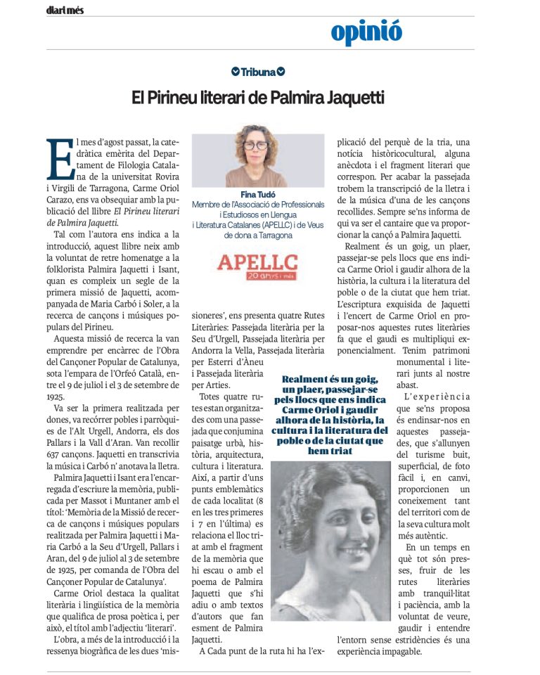 Article “El Pirineu literari de Palmira Jaquetti” de Fina Tudó