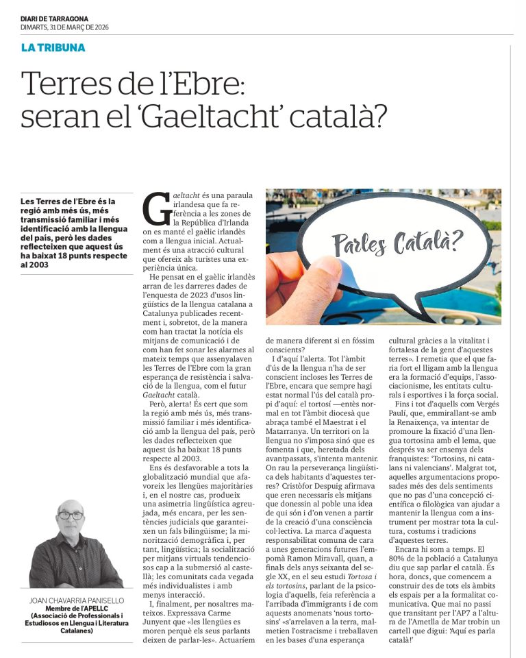 Article “Terres de l’Ebre: seran el “Gaeltacht” català?” de Joan Chavarria Panisello
