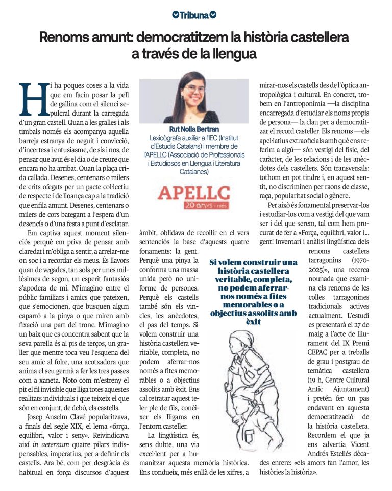 Article “Renoms amunt: democratitzem la història castellera a través de la llengua” de Rut Nolla